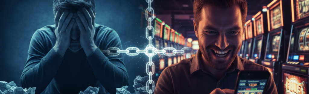 one side showing depressed man and second side showing greedy man